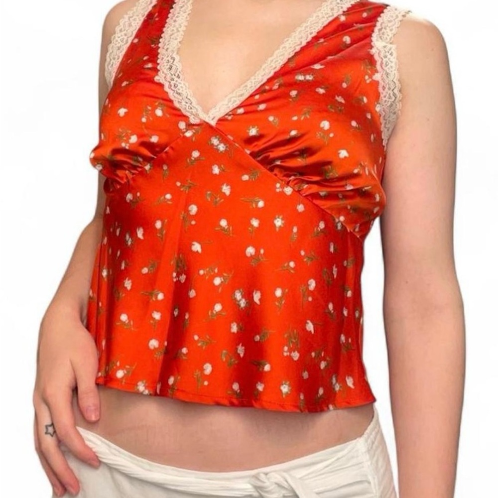 floral satin red cottagecore top